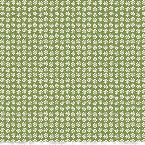 以下が含まれることがあります： 緑色の生地に、黄色の中心を持つ小さな白いデイジーの花が繰り返し模様で描かれています。 デイジーの花は均等に配置され、密度の高い花柄を形成しています。 生地はわずかにテクスチャード加工されています。
