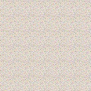 Op de afbeelding: Een witte achtergrond met een herhalend patroon van kleine roze, gele en groene bloemen.