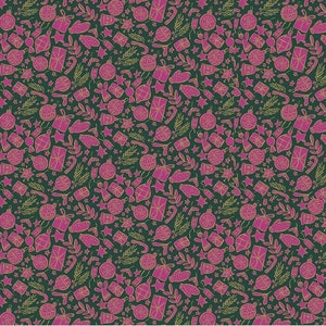 Tessuto per trapuntatura Liberty of London Season's Greetings Festive Shine Oro metallizzato su Verde/Rosa 04775674y