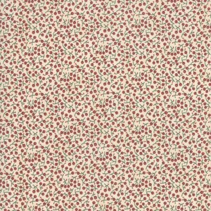May include: A fabric with a repeating pattern of small red berries and green stems on a cream-colored background. The design is dense and covers the entire surface, creating a textured appearance. This textile is suitable for various craft projects.