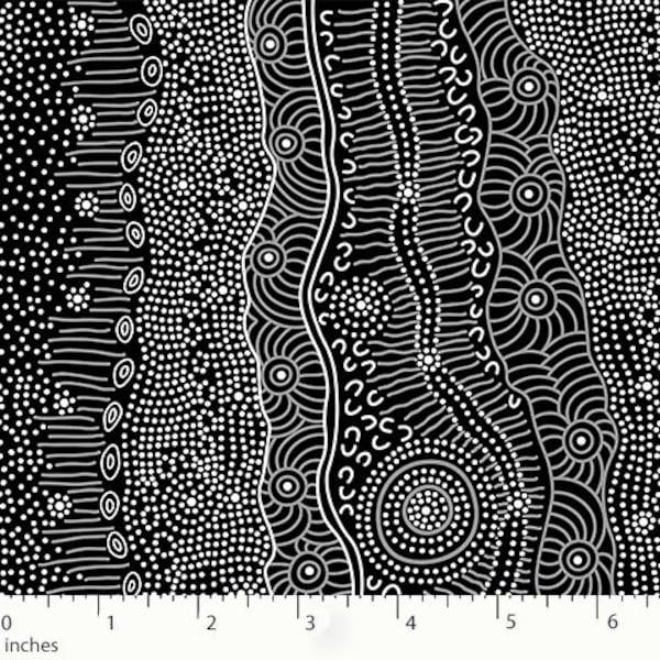 Australian Aboriginal Fabric, Gathering by the Creek Black by Janet Long Nakamarra for M&S Textiles