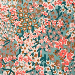 May include: Floral fabric with a teal background and a pattern of various flowers in coral, white, brown, and gray. The flowers are of different sizes and shapes, creating a dense, all-over design. The fabric is likely cotton or a similar material.
