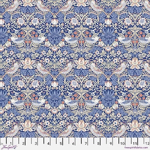 May include: A blue fabric with a repeating pattern of stylized birds, flowers, and leaves. The pattern is in shades of blue, white, and pink.