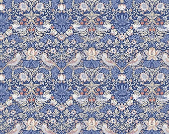 William Morris Fabric, Mini Strawberry Thief Blue, Wandle Collection, Freespirit