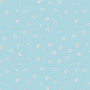Puede incluir: Un patrón sin costuras de pequeñas flores blancas sobre un fondo azul claro.