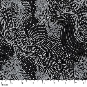 Puede incluir: Tela negra con un patrón de puntos blancos. El diseño presenta líneas fluidas, círculos y formas orgánicas. El patrón recuerda al arte aborigen, con una disposición compleja y detallada de puntos y líneas.