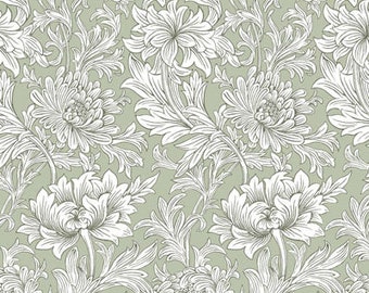 William Morris Fabric, Chrysanthemum Tonal Olive, FreeSpirit Leicester Collection, PWWM080.OLIVE