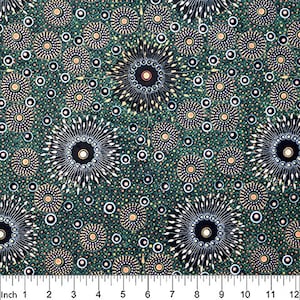 Puede incluir: Una tela verde con un patrón repetitivo de círculos y puntos negros, blancos y dorados. Los círculos tienen un diseño de anillos concéntricos.