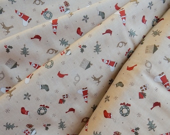 Christmas All Over Fabric, Lecien Japan, Merry Taupe Collection, Tiny Print