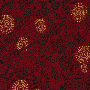 May include: Red fabric with a black and gold pattern. The pattern features swirls, dots, and stylized suns.