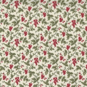 May include: Cream-colored fabric with a repeating pattern of red berries, green leaves, and winding vines. The berries are clustered, and the leaves are detailed. This fabric is suitable for quilting, sewing, or other craft projects.