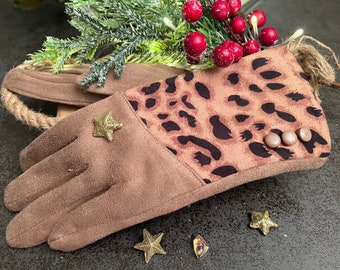 Women's Brown and Black Leopard Print Suede Glove/Nubbuck Glove/Winter Glove/Elegant/Warm/Soft/Fashion Glove/Tactile Glove/Gift/Valentine's Day