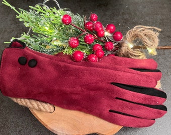 Women's two-tone suede style glove Bordeaux/Black with button decoration/Elegant glove/Chic glove/Warm/Fashion/Soft/Winter/Tactile/Gifts/Valentine's Day/Christmas