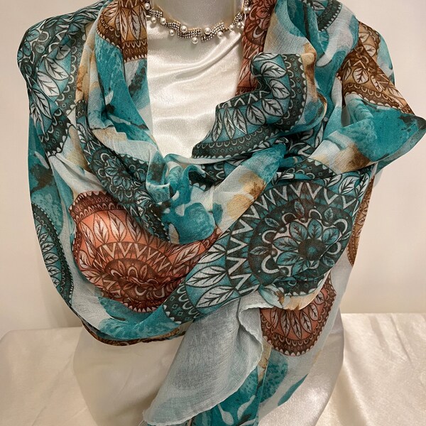 Foulard Femme imprimé fleurs & plumes/Etole/Echarpe vert/marron/Bleu/Rose/Jaune/Orange/Printemps/Été/Chic/Mode/Élégant/Cadeaux/Fête des Mère