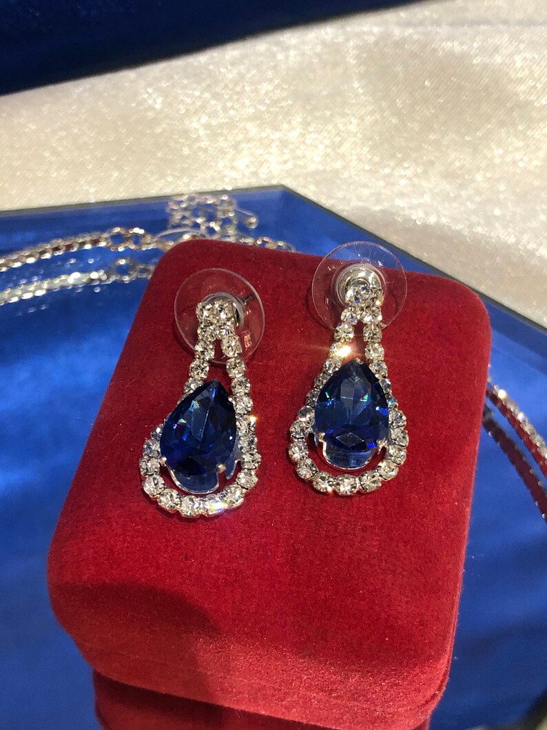 White rhinestone necklace and earrings sapphire blue stoneGoutteBijouxPendentifEveningMarriageCeremonyAccessory