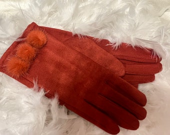 Women's Gloves Faux Suede orange brick brown decorated with 3 pompoms on the cuff/Winter/Soft/Warm/Fashion/Tactile Glove/Nubbuck/Gift/Valentine's Day