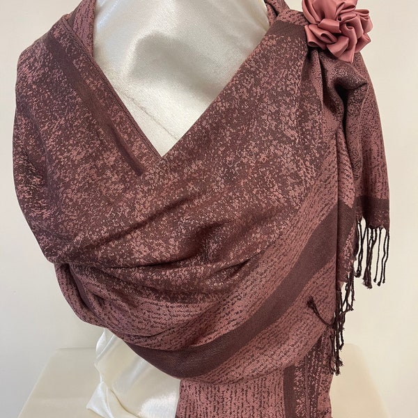 Etole Écharpe Pashmina Femme vieux rose et bordeaux avec motif rose/Foulard/Tendance/Hiver/Doux/Mode/Elégant/Cadeaux/St Valentin/Chaud/Chic