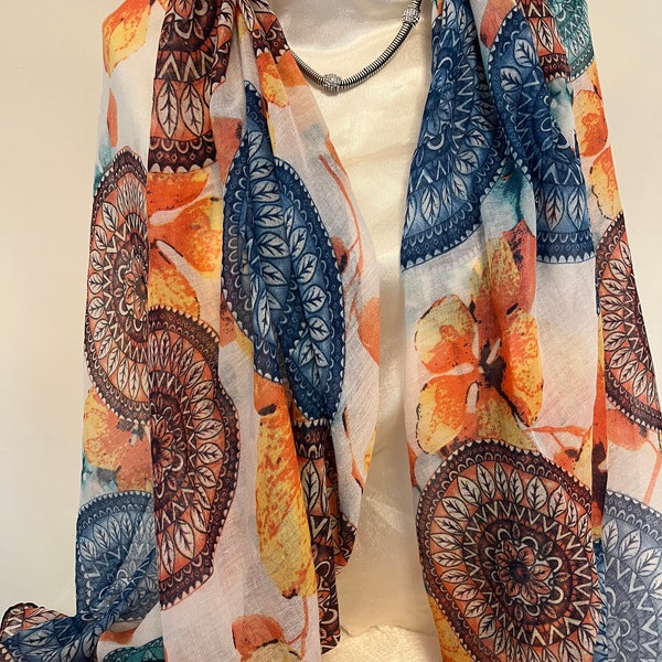 Foulard Femme Imprimé Fleurs et Plumes multicolore/Echarpe/Étole/Cadeaux/Souple/Fêtes des Mères/Doux/Elégant/Printemps/Eté/Accessoires/Chic/