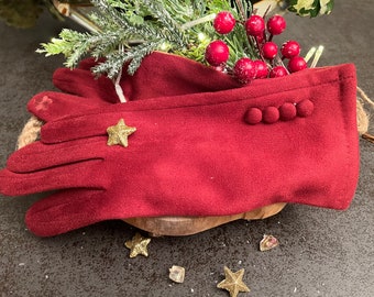 Women's Gloves in Red/Bordeaux Suede Style decorated with four buttons/Nubbuck Glove/Elegant/Warm/Fashion/Winter/Soft/Filled/Tactile/Gift/Chic/St Valenti