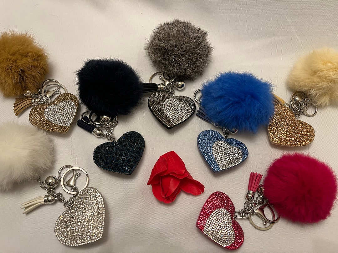 Women's Keyring With Rhinestone Heart and Pompom & Tassel/gold/fuchsia ...