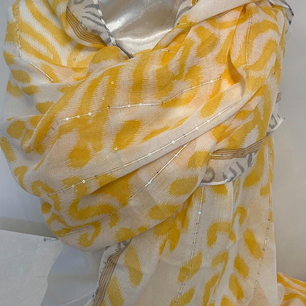 Foulard Femme Imprimé Jaune et Gris Pailleté/Echarpe/Etole/Chic/Elégant/Cadeaux/Fête des Mères/Souple/Doux/Mode/Châles/Printemps Eté/Mariage