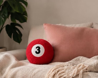 Sherpa 3 Ball Pillow, Magic Eight Ball Cushion, three Ball pillows, Tufted Black Pillow 8, Pool table Billiard Play Balls, Trendy Pillows