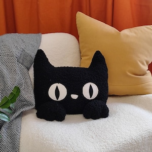 Black cat plush, Sherpa Black cat pillow, Soft toy, Black cat plush Couch pillow, Gift for cat lovers, unique pillow