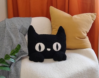 Black cat plush, Sherpa Black cat pillow, Soft toy, Black cat plush Couch pillow, Gift for cat lovers, unique pillow