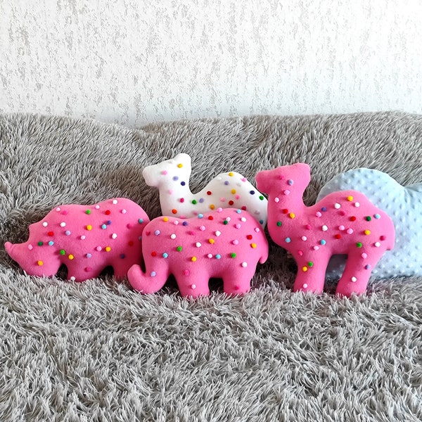 Sprinkle Animal Cookies, Throw food Pillows, mother's day gift, circuses animal, Plush Pink Camel Cookies Animals, Rhinoceros, Elephant