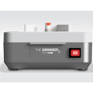 May include: A gray and white electric grinder with the text "THE GRINDER 3" and "TECHNI GLASS". The grinder has a red power switch and a small, cylindrical component with orange accents.