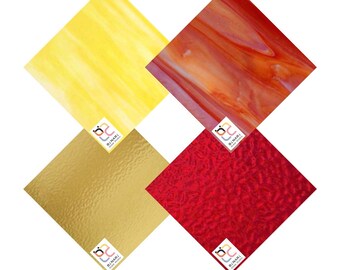 May include: Four square pieces of glass in different colors and textures. The top left piece is yellow with a wavy pattern. The top right piece is red with a marbled pattern. The bottom left piece is gold with a textured surface. The bottom right piece is red with a textured surface.