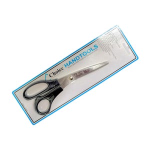 May include: A pair of black handled scissors with silver blades, packaged on a white and blue background. The packaging features the text "Choice Handtools Tools specially made for the glass artist".