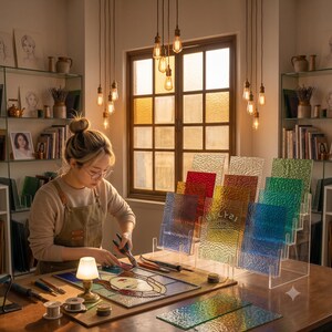Puede incluir: Un artista de vidrio trabaja en un panel de vidrio emplomado con un retrato. Un expositor sostiene varias l&aacute;minas de vidrio texturizado rectangulares en azul, verde, amarillo y rojo. Herramientas, bobinas de alambre y una l&aacute;mpara est&aacute;n en la mesa.