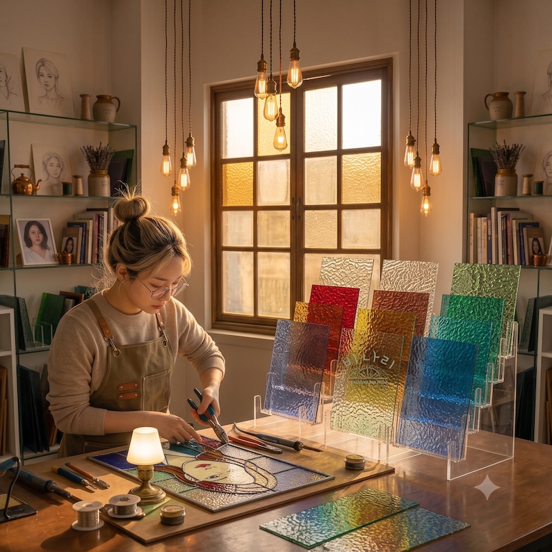 Puede incluir: Un artista de vidrio trabaja en un panel de vidrio emplomado con un retrato. Un expositor sostiene varias l&aacute;minas de vidrio texturizado rectangulares en azul, verde, amarillo y rojo. Herramientas, bobinas de alambre y una l&aacute;mpara est&aacute;n en la mesa.