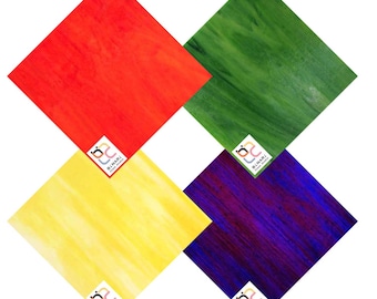 May include: Four square pieces of stained glass in red, green, yellow, and purple. Each piece has a logo in the bottom right corner that says "Binari Glass Design".