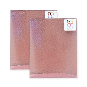 May include: Two rectangular, textured glass panels in a soft rose color. Each panel has a slightly iridescent quality, with a subtle sheen. The panels have a label in the upper right corner that reads "BINARI Glass Studio".