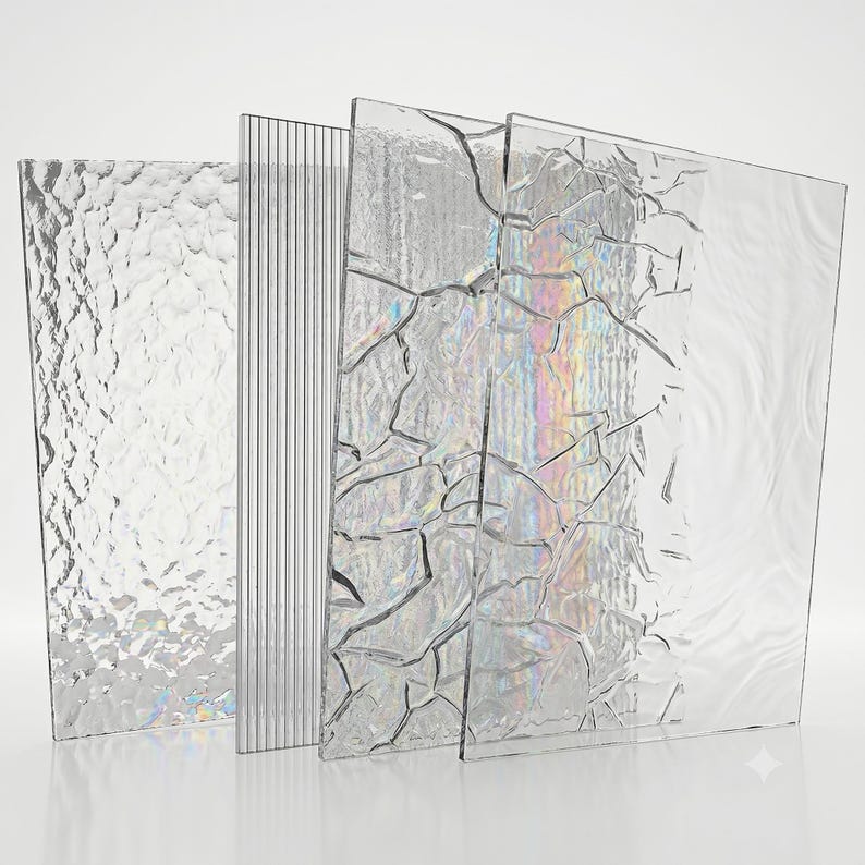 Puede incluir: Cuatro paneles de vidrio rectangulares dispuestos verticalmente, cada uno con una textura distinta: una superficie granulada, estr&iacute;as verticales, un patr&oacute;n de hielo agrietado y una textura ondulada y suave.
