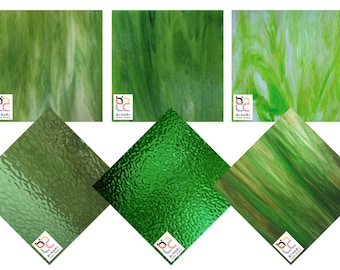 6 Pack Green Variety Stained Glass Sheet and Mosaic Glass