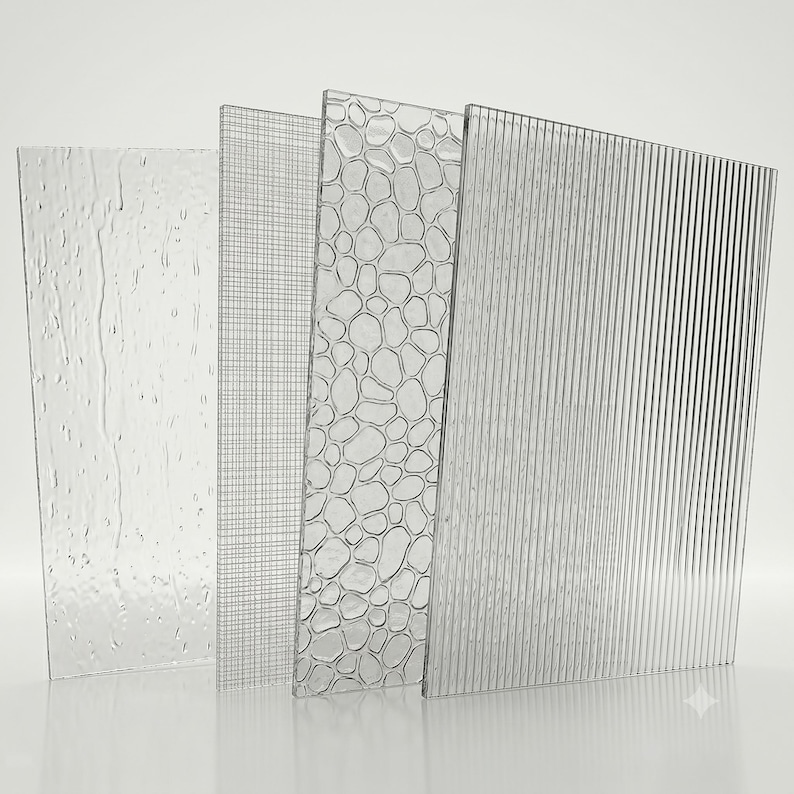 Puede incluir: Cuatro l&aacute;minas rectangulares de vidrio transparente texturizado dispuestas verticalmente. Cada l&aacute;mina presenta un patr&oacute;n distinto: una con vetas verticales tipo lluvia, una con rejilla fina, una con dise&ntilde;o org&aacute;nico de guijarros y una con l&iacute;neas estriadas.