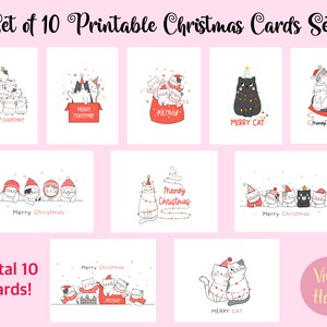 Satz von 10 süße Katze Weihnachtskarten Instant Download druckbare