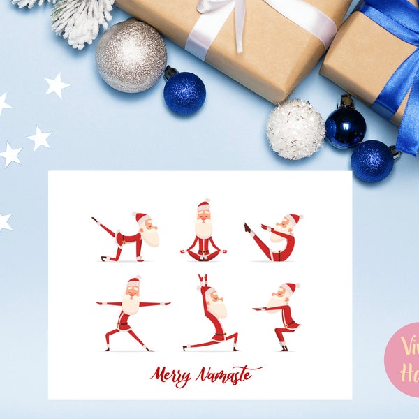 Tarjeta de Navidad divertida y linda de Yoga Pilates Santa, Feliz Namaste, imprimible instantáneamente