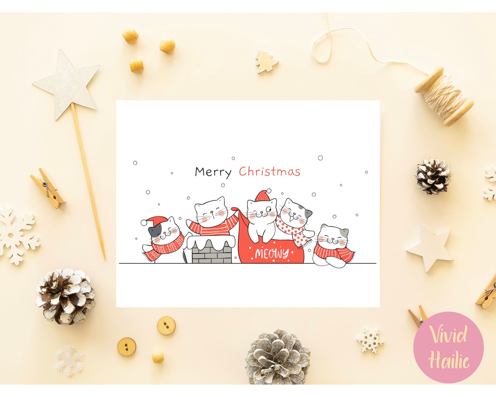 Set of 10 Cute Cat Christmas Cards Instant Download Printable Etsy