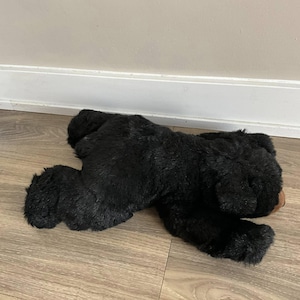 Può includere: Un orso di peluche nero sdraiato sulla pancia con la testa girata di lato. L'orso ha una texture morbida e pelosa ed è fatto di materiali di alta qualità.
