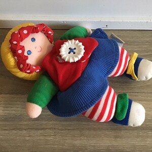 Vintage Eden Baby Doll Plush 10&quot; Button Red Green Blue Stuffed Toy