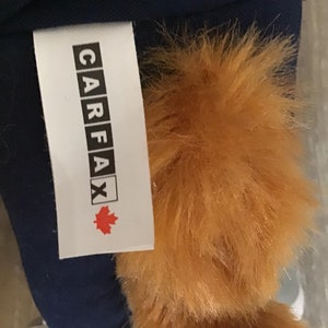 Pu&ograve; includere: Un'etichetta bianca con la parola "CARFAX" in maiuscolo nero, con un logo a forma di foglia d'acero rossa. L'etichetta &egrave; attaccata a un peluche con pelliccia arancione e tessuto blu.