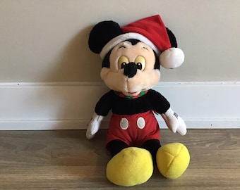 Vintage Disney Mickey Mouse with Christmas Hat, Plush Mickey Mouse, Vintage Disney Stuffed Animal Toy