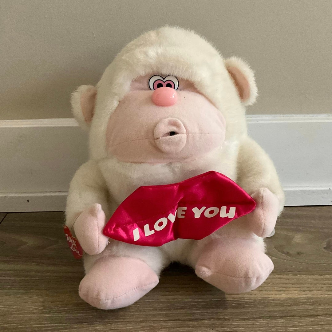 Vintage Whistle Monkey Plush Toy Sensor I Love You White Stuffed