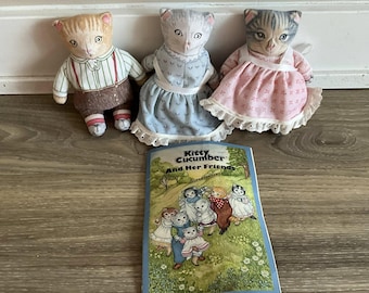 VTG Kitty Cucumber and Her Friends Stuffed Cats Dolls with Book