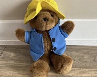 Vintage Paddington Bear Plush Stuffed Bear Blue Coat Yellow Hat
