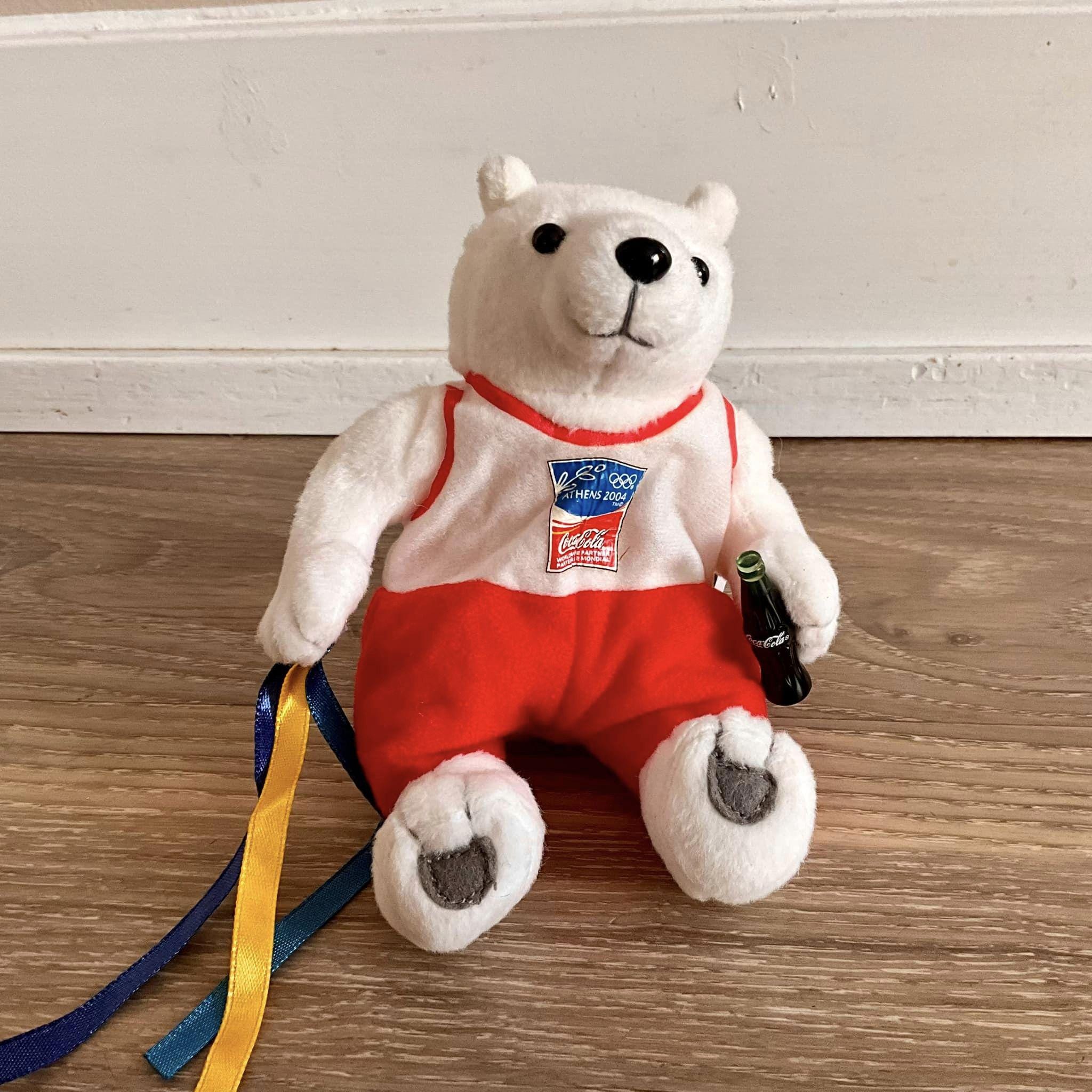 Coca Cola Collector Can With Bean Bag Plush Polar Bear 2004 Athens